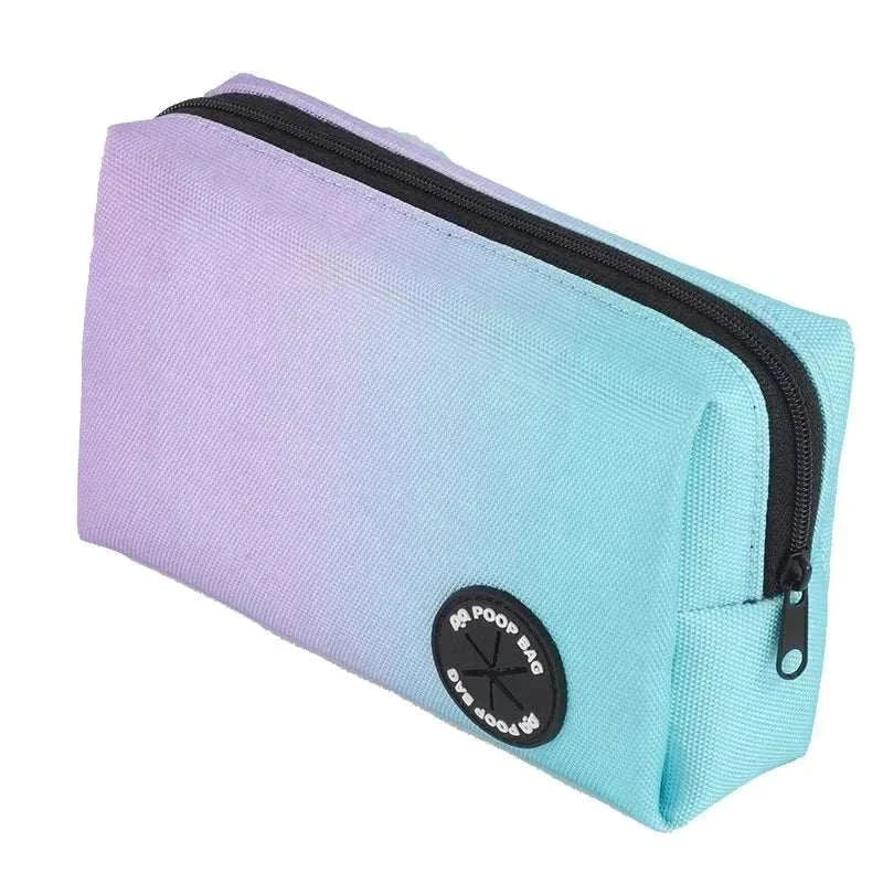 Reflective dog bungee leash bag and poop bag dispenser in gradient purple and blue with zipper closure