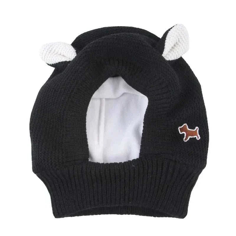 Black knitted anxiety relief ear protection hat for dogs with ear covers and small dog patch