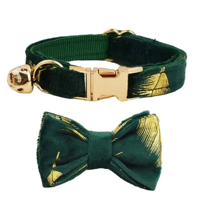 Personalised soft adjustable green cat collar with gold buckle and matching bowknot with gold accents