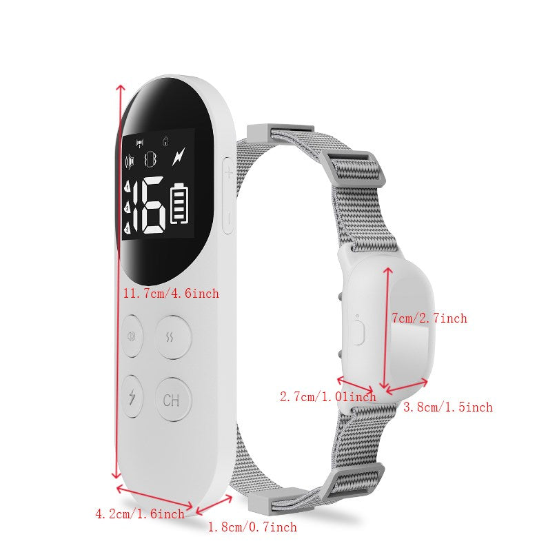 T200 remote training collar with adjustable strap and remote control display showing level 16