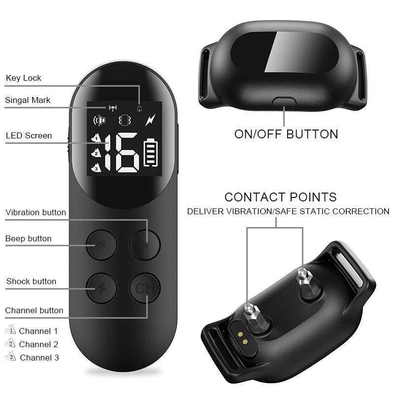 T200 Remote Training Collar with waterproof dog collar and remote control showing vibration, beep, shock buttons and LED display