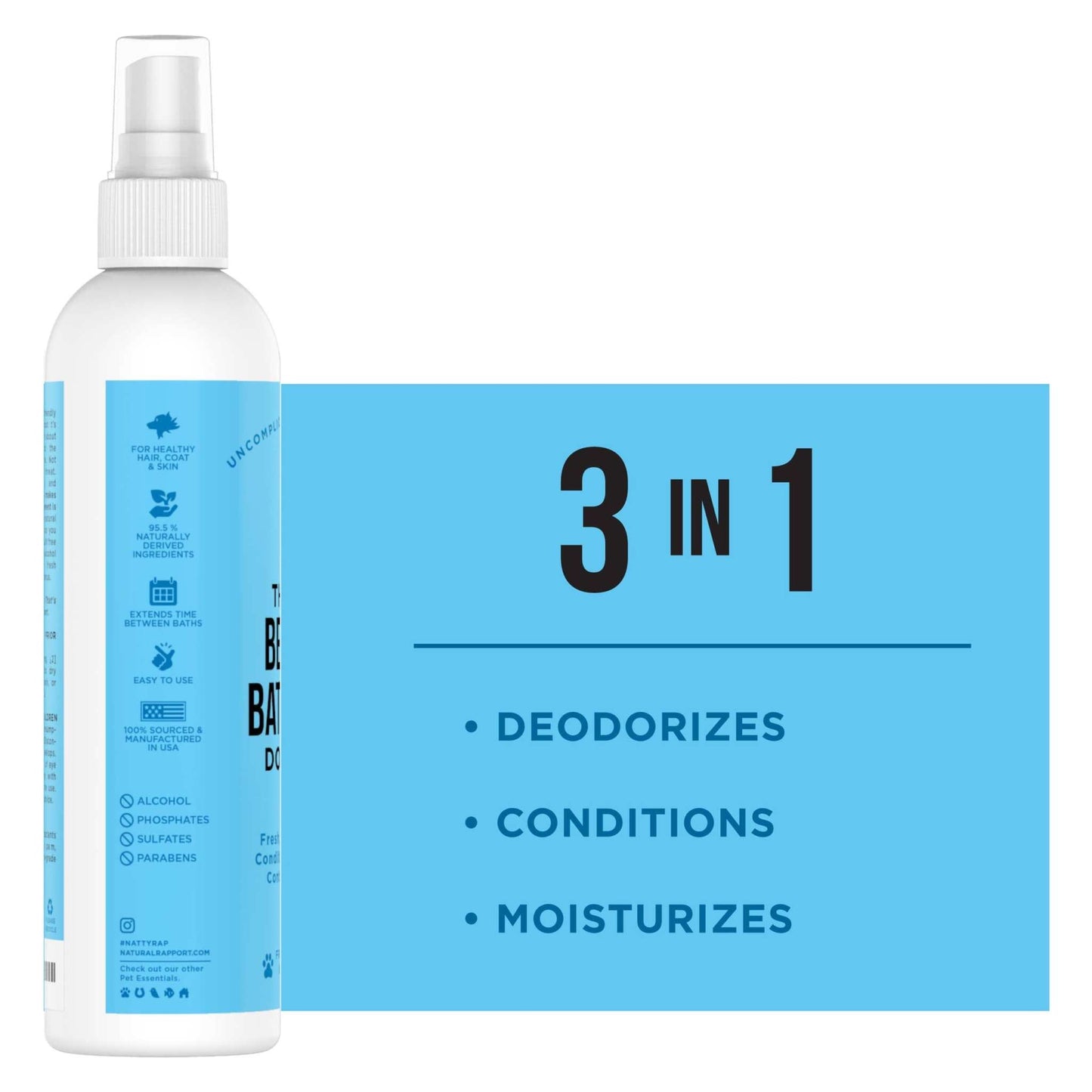 Natural Rapport bath spray for dogs with sandalwood and amber scent deodorizes, conditions, and moisturizes fur.
