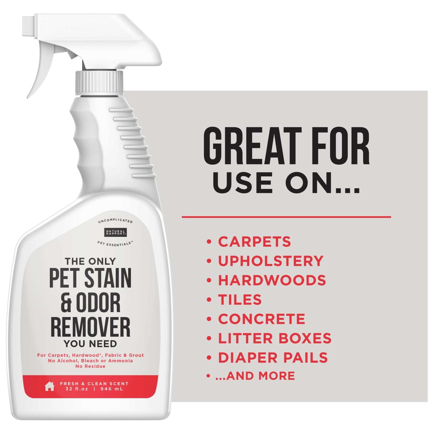Natural Rapport pet stain and odor remover spray for carpets and upholstery, safe and effective pet-friendly cleaner