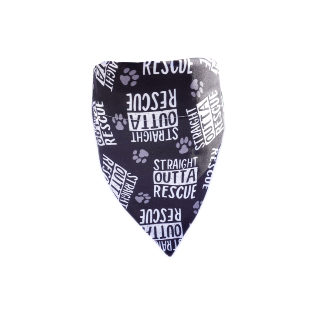 Black dog bandana with white "Straight Outta Rescue" text and paw prints, 100% cotton, easy collar loop design