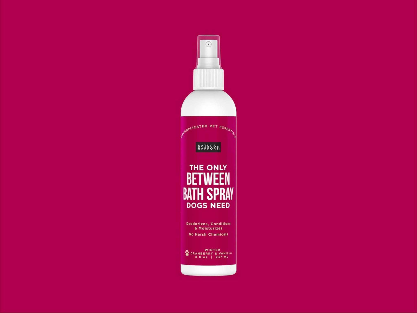 Natural Rapport cranberry and vanilla scented bath spray for dogs, odor eliminator and fur conditioner