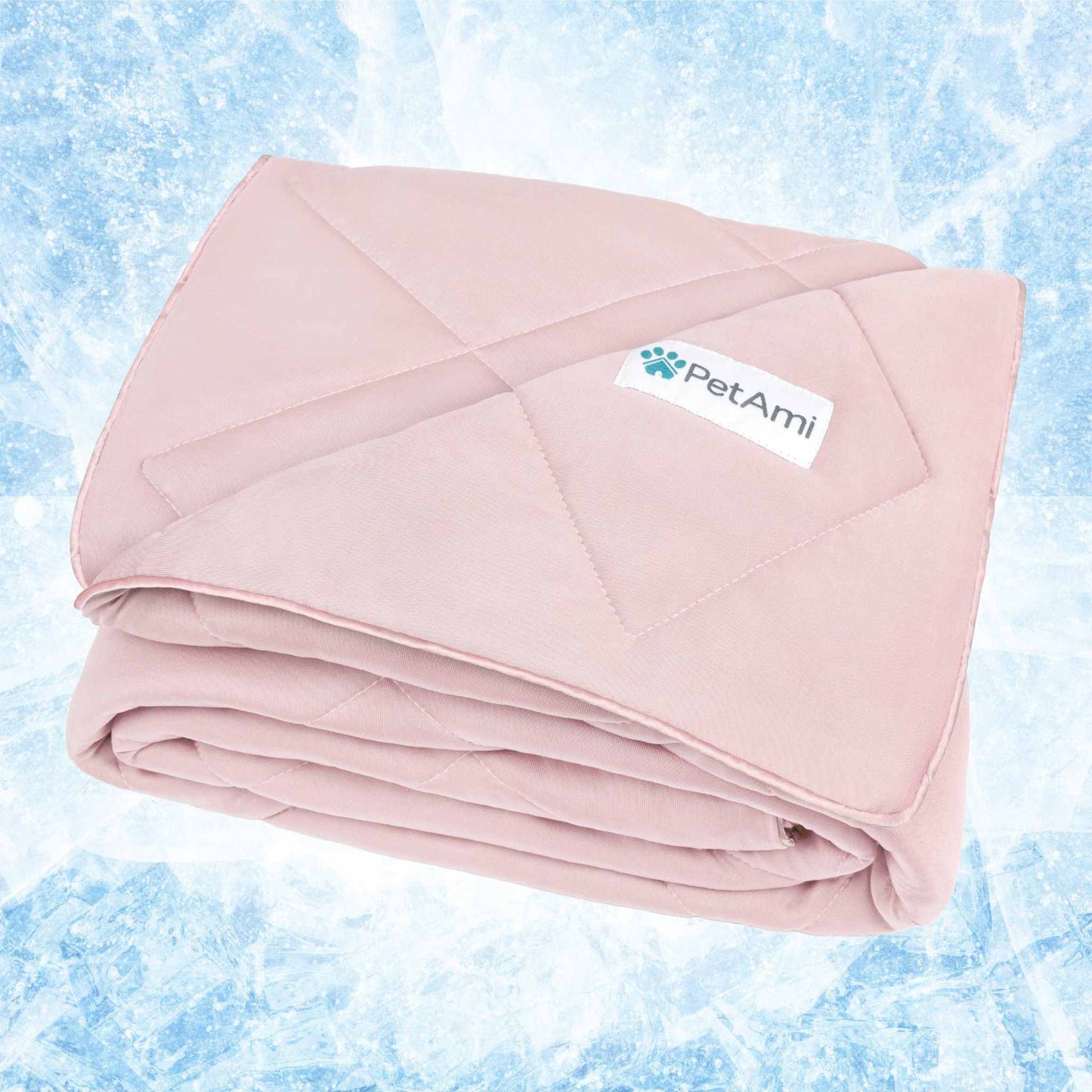 soft pink cooling pet dog blanket with PetAmi label on icy background