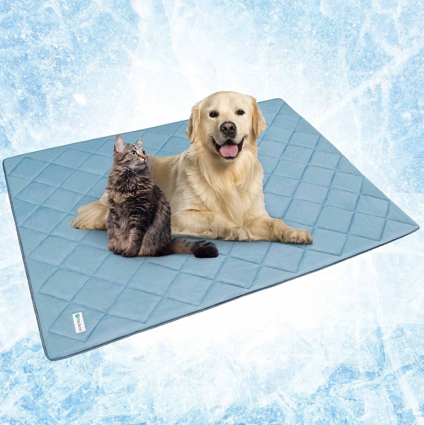 Cooling pet dog blanket with soft fabric featuring a dog and cat on a blue mat