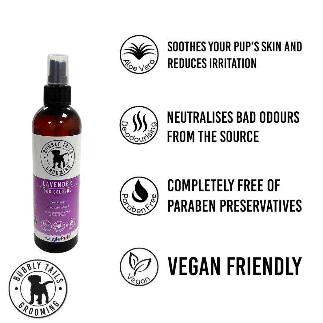 HugglePets Bubbly Tails Dog Cologne lavender scent bottle with aloe vera, deodorizing, paraben-free, vegan friendly features