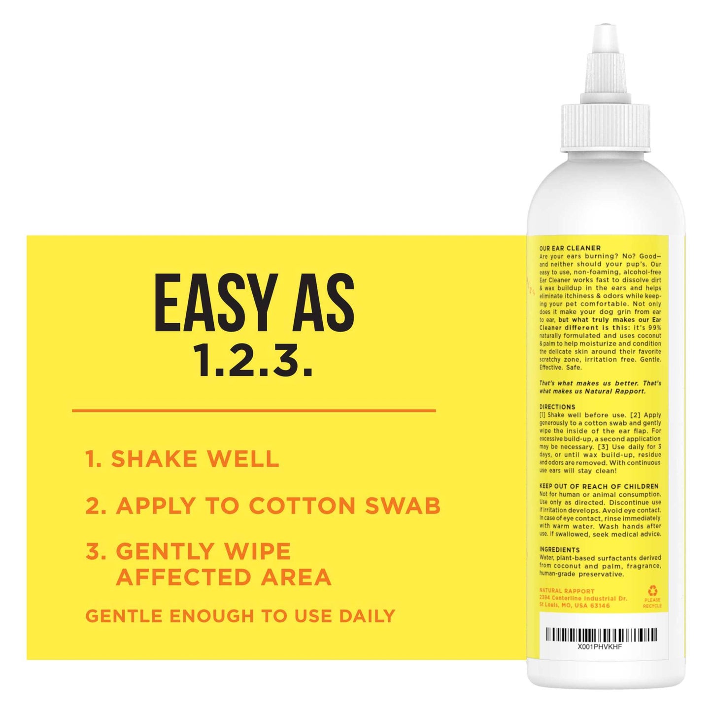 Natural Rapport Ear Cleaner Dogs solution bottle with usage instructions for gentle dog ear care and infection prevention