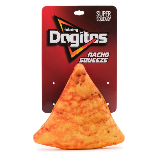 Realistic Dogito Chip Dog Toy with super squeaker and soft outer shell in fun packaging