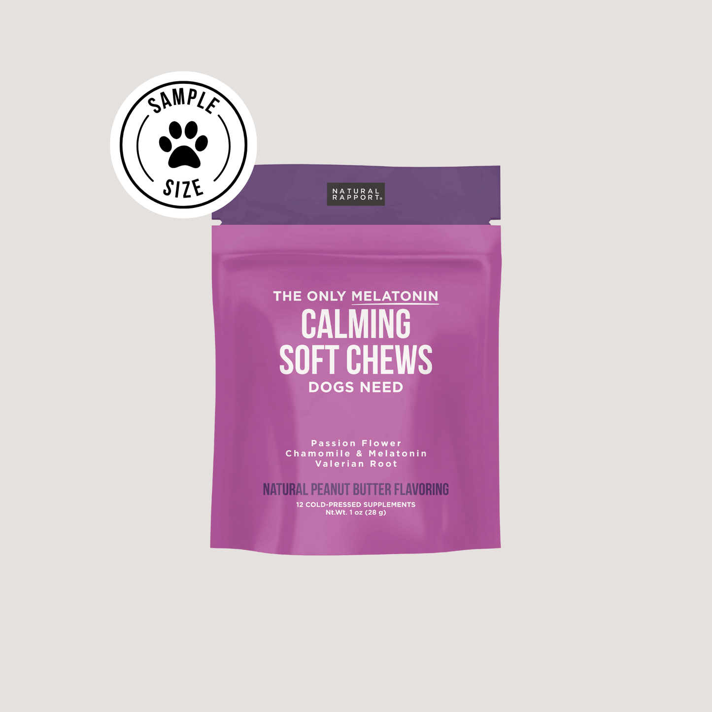 Natural Rapport Melatonin Calming Soft Chews for Dogs in purple sample size pouch with peanut butter flavor