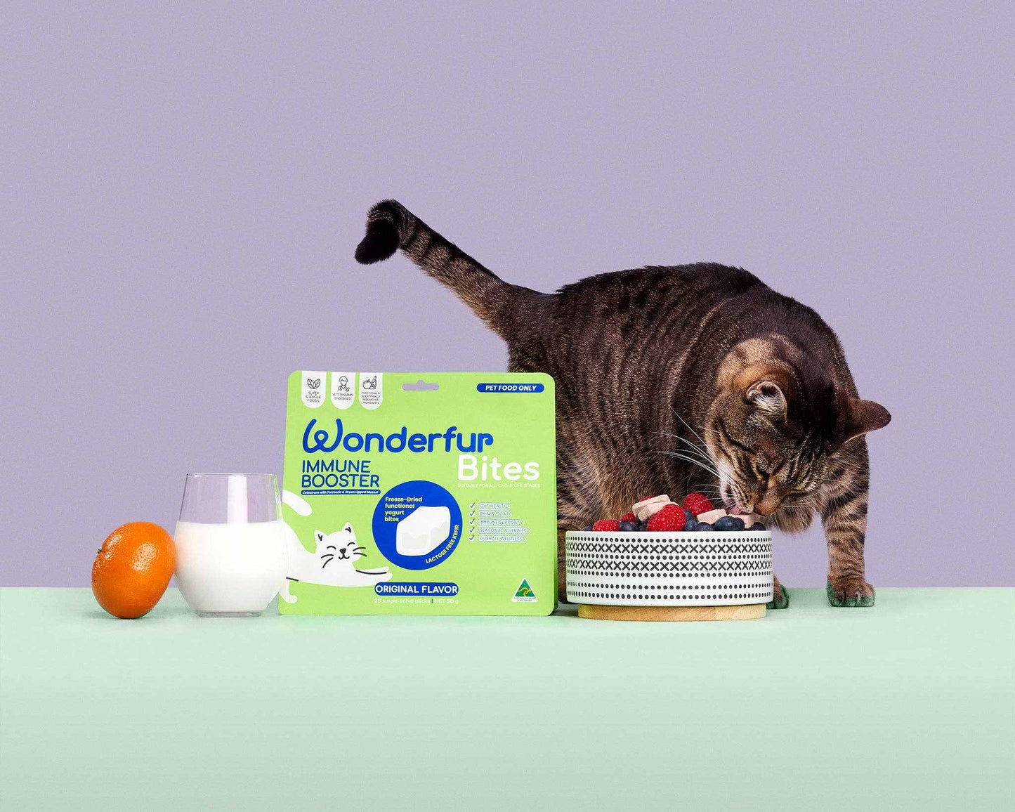 Wonderfur Bites Immune Booster for Cats with a cat enjoying the treats next to the product packaging.
