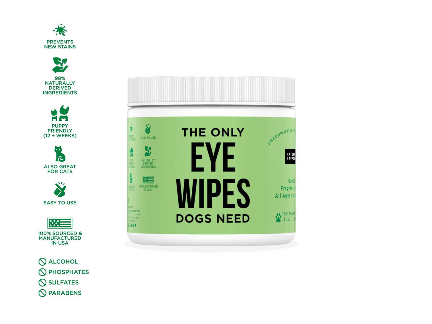Natural Rapport Eye Wipes for Dogs gentle and effective tear stain remover container