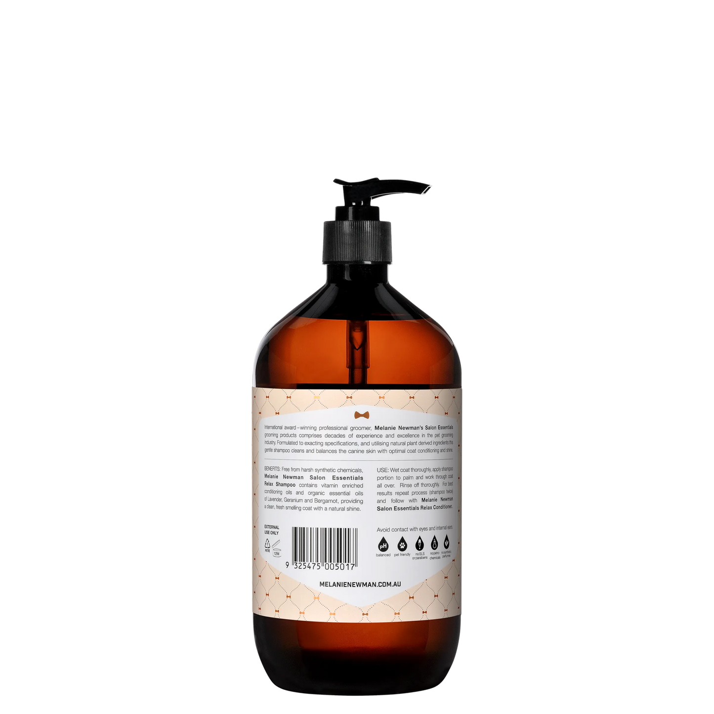 Amber pump bottle of Melanie Newman Relax Dog Shampoo with natural ingredients and calming essential oils label visible