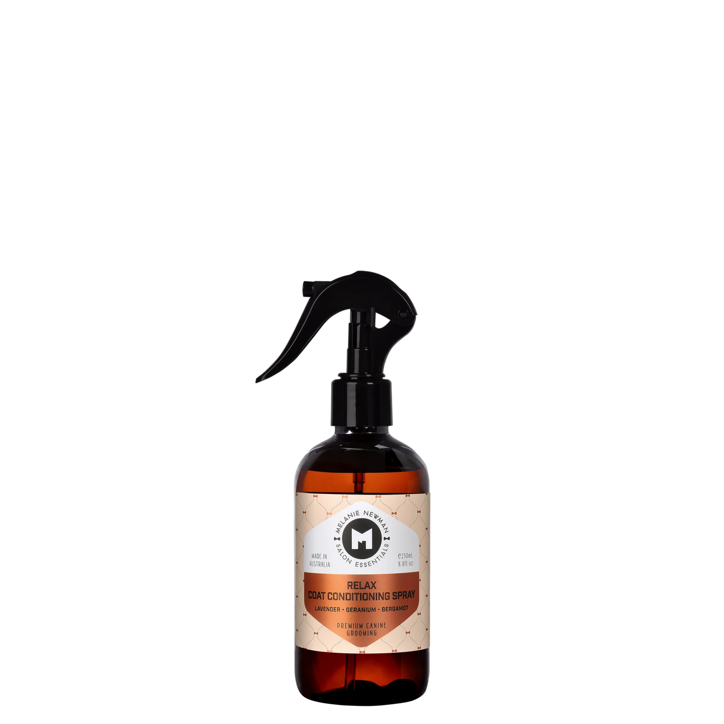Melanie Newman Relax Coat Conditioning Spray 250ml for hydrating, detangling, and soothing dog coats with essential oils