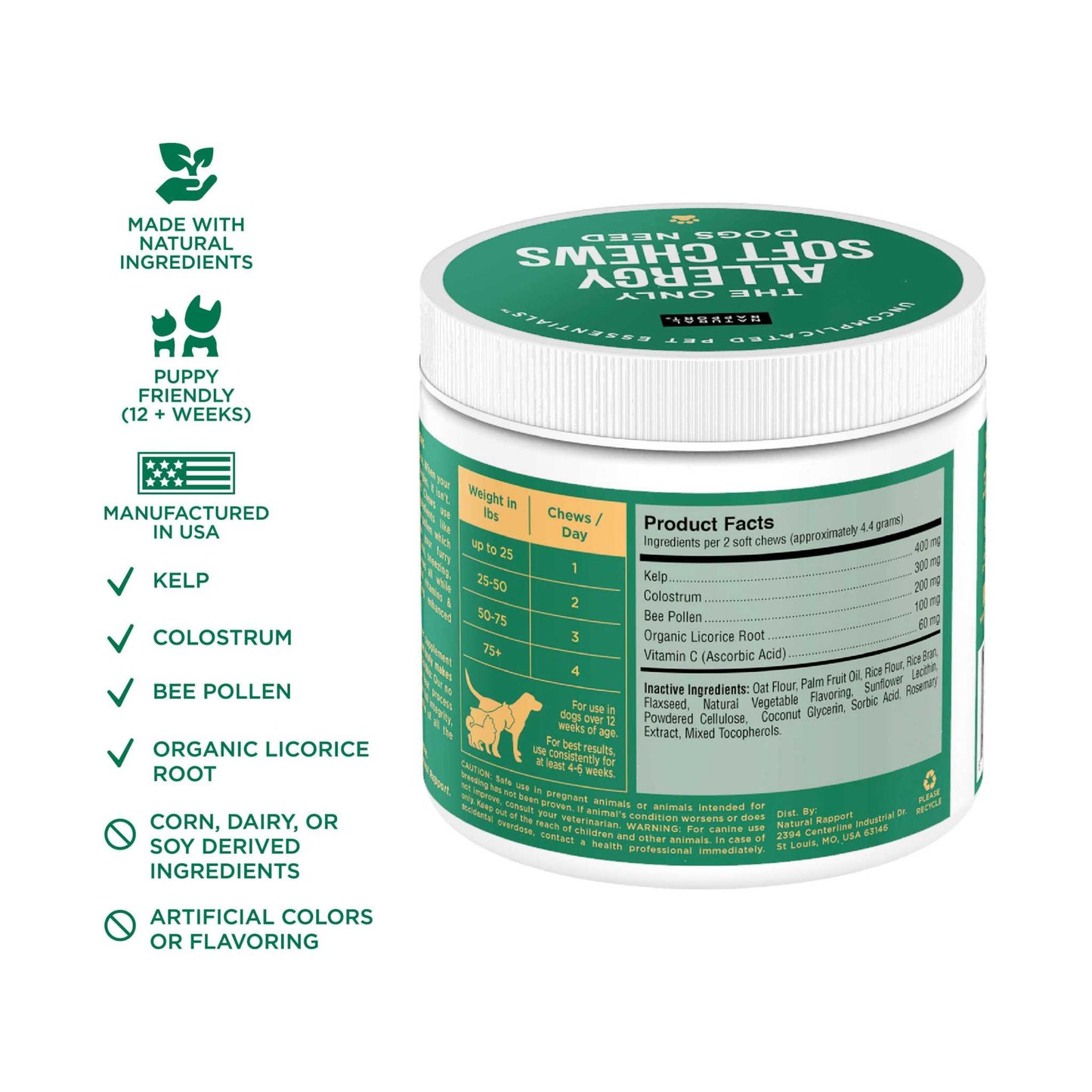 Jar of Natural Rapport Allergy Soft Chews for dogs with natural ingredients like kelp, colostrum, and bee pollen shown on label