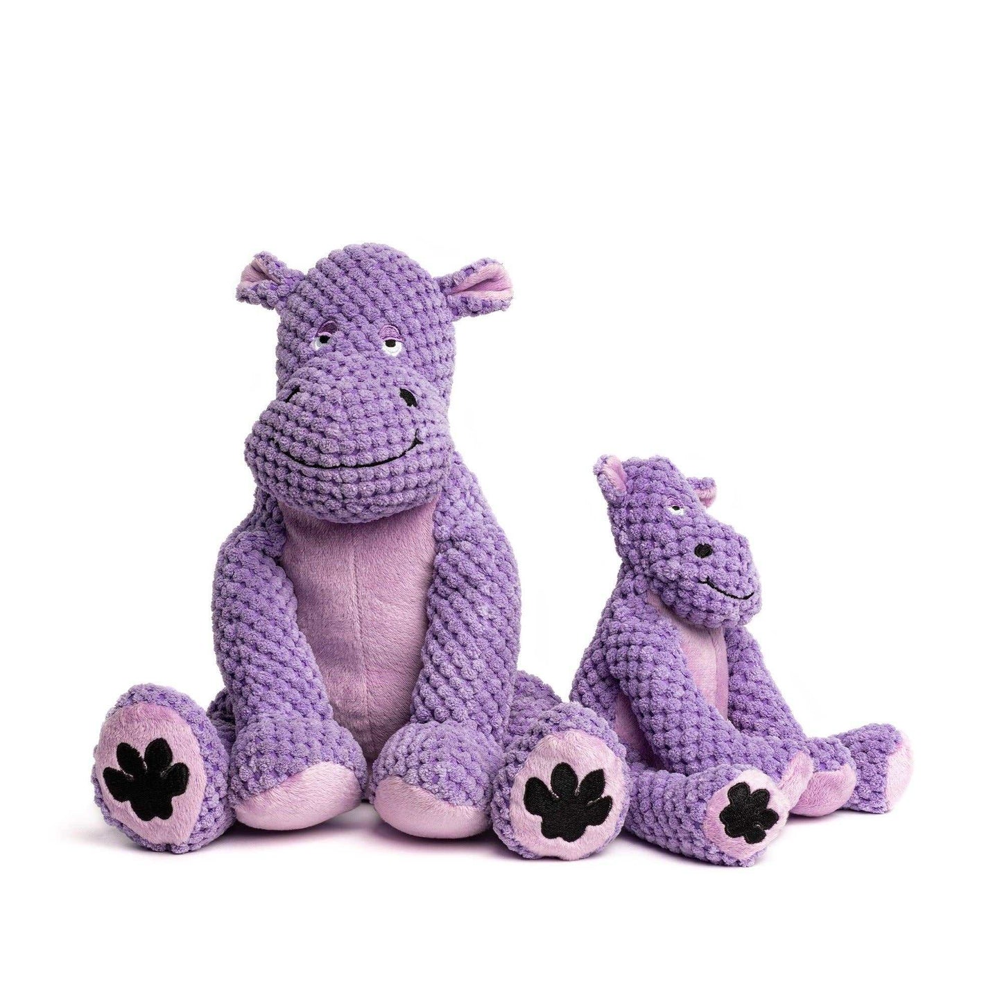 Plush purple floppy hippo dog toys with squeakers in small and large sizes for puppies