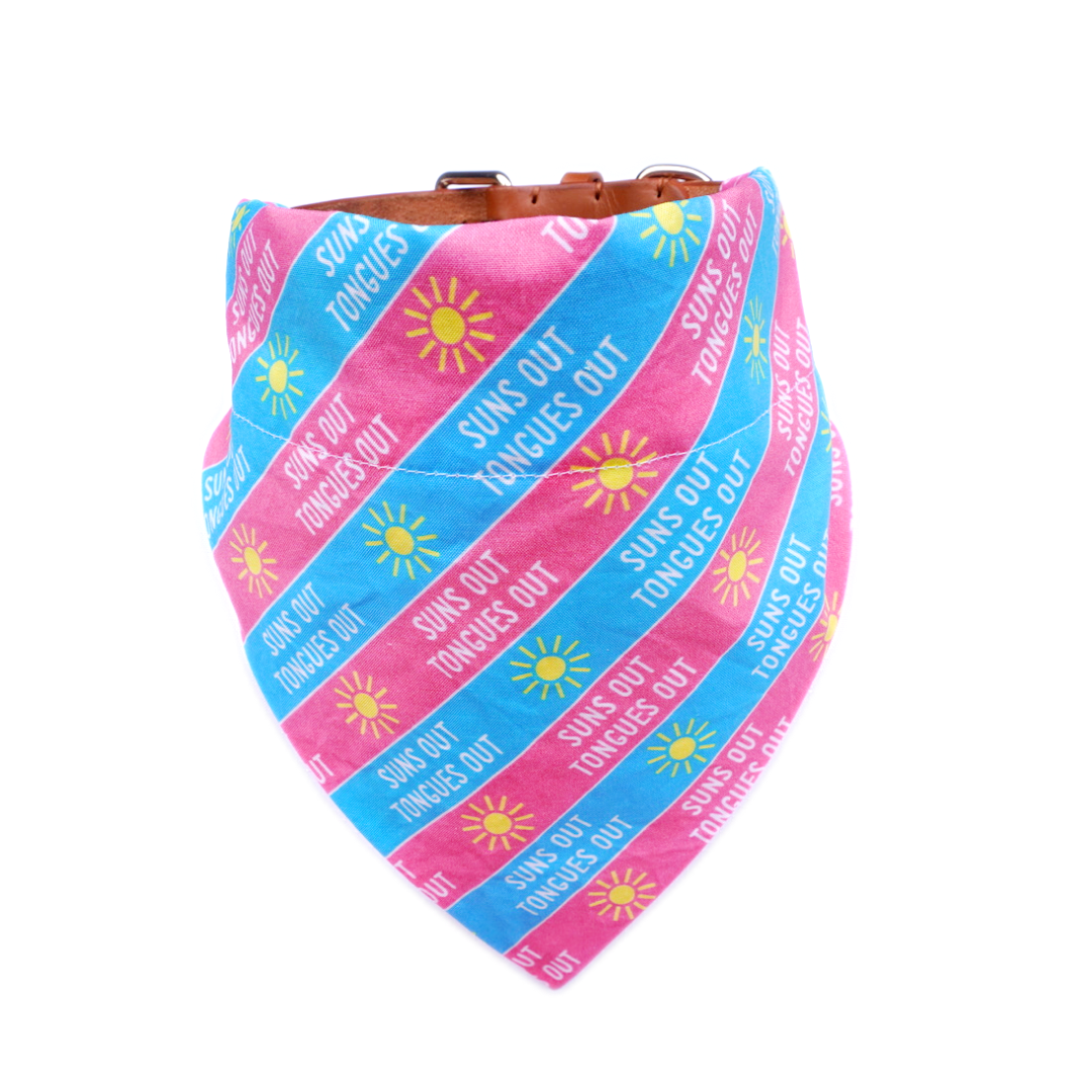 Dog bandana Suns Out Tongues Out pink and blue cotton pet accessory with sun print