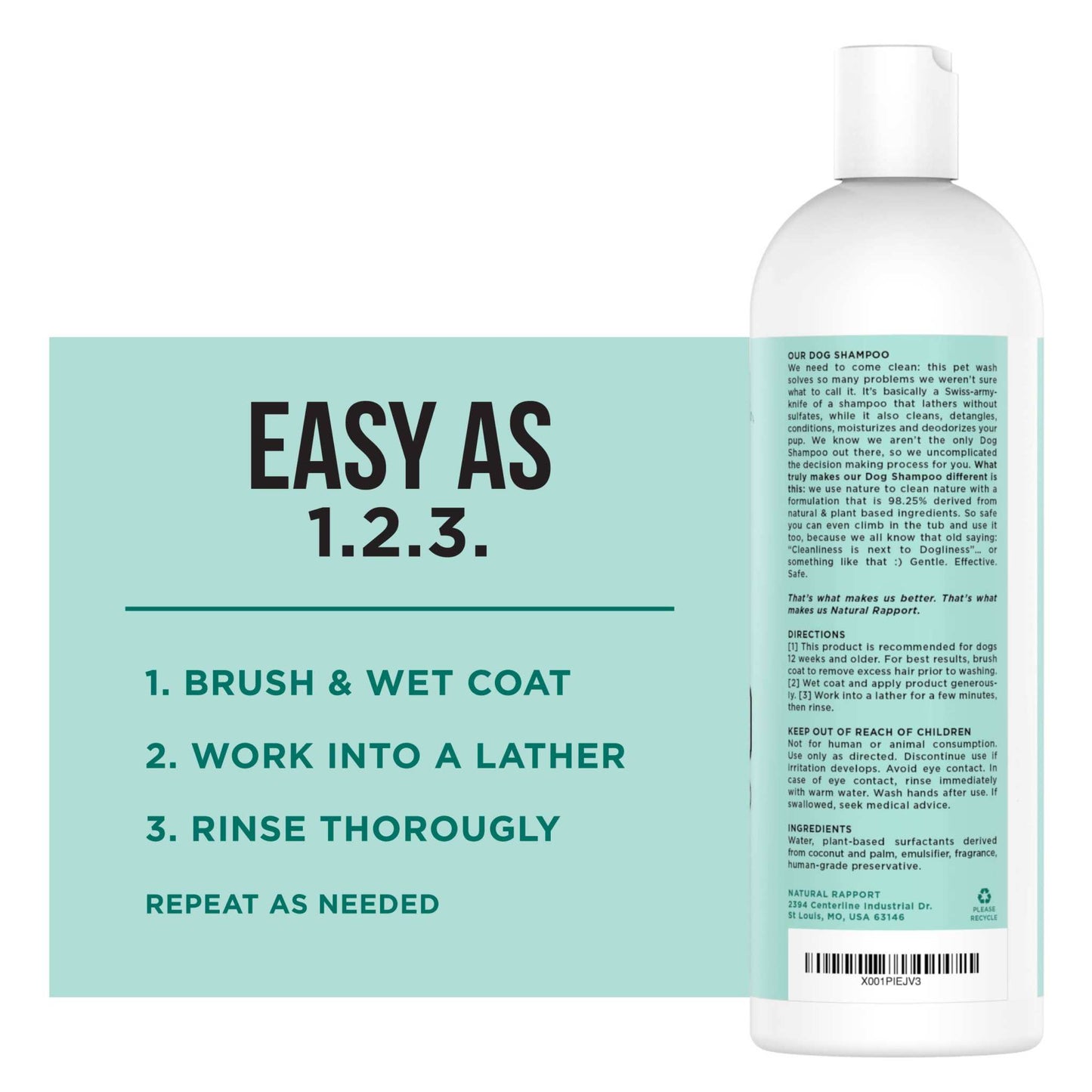 Back view of Natural Rapport Dog Shampoo Dogs bottle with usage instructions and product details