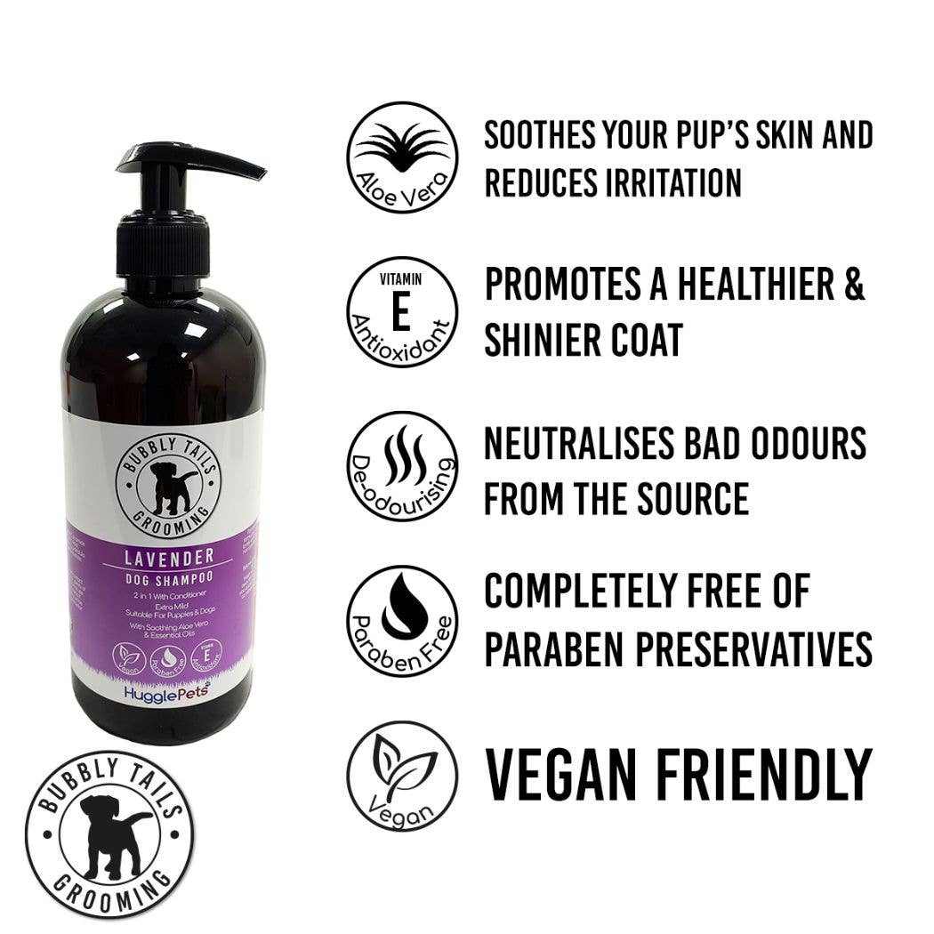 HugglePets Bubbly Tails Dog Shampoo lavender scent with aloe vera, vitamin E, paraben-free, vegan, soothing and deodorizing formula for healthy coat and skin
