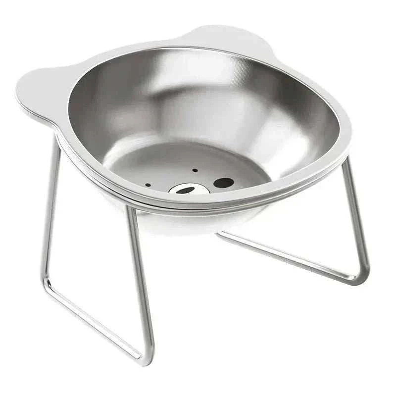 Elevated Cat Bowl Set with a silver stainless steel bowl and slim raised wire stand, featuring a solid finish and drain holes.