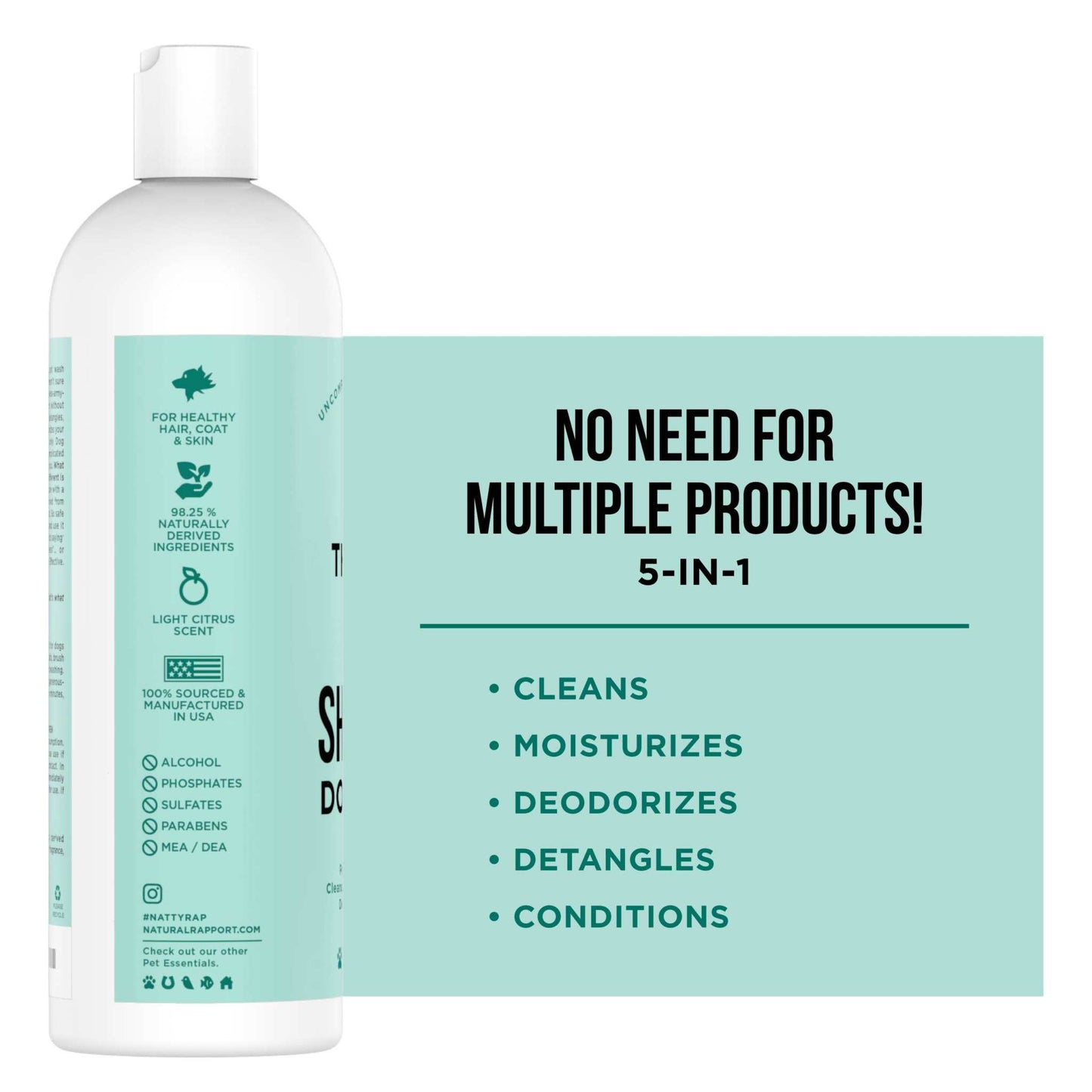 Bottle of Natural Rapport Dog Shampoo Dogs with 5-in-1 formula that cleans, moisturizes, deodorizes, detangles, and conditions for healthy coat and skin