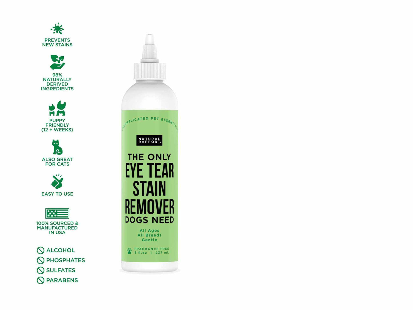 Natural Rapport gentle eye tear stain remover for dogs and cats, chemical-free, puppy friendly, all breeds and ages, 237ml bottle