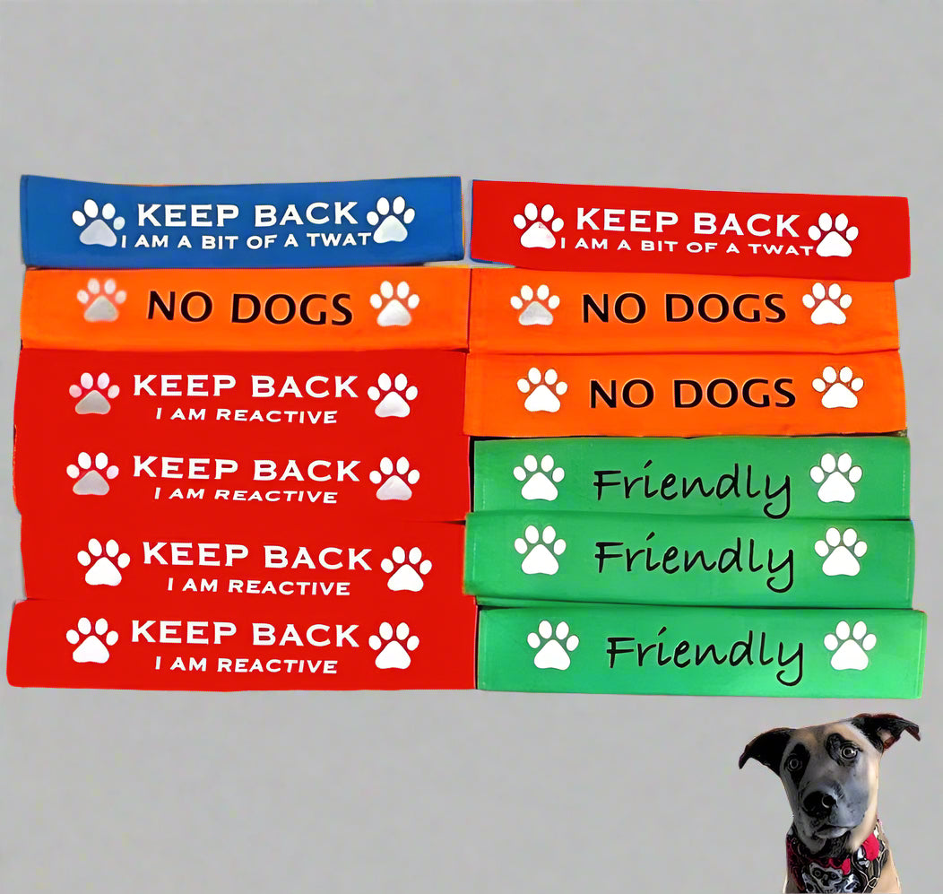 Colorful lead slips for dogs with messages like "KEEP BACK," "NO DOGS," and "Friendly," designed for reactive, nervous, service, and therapy dogs.
