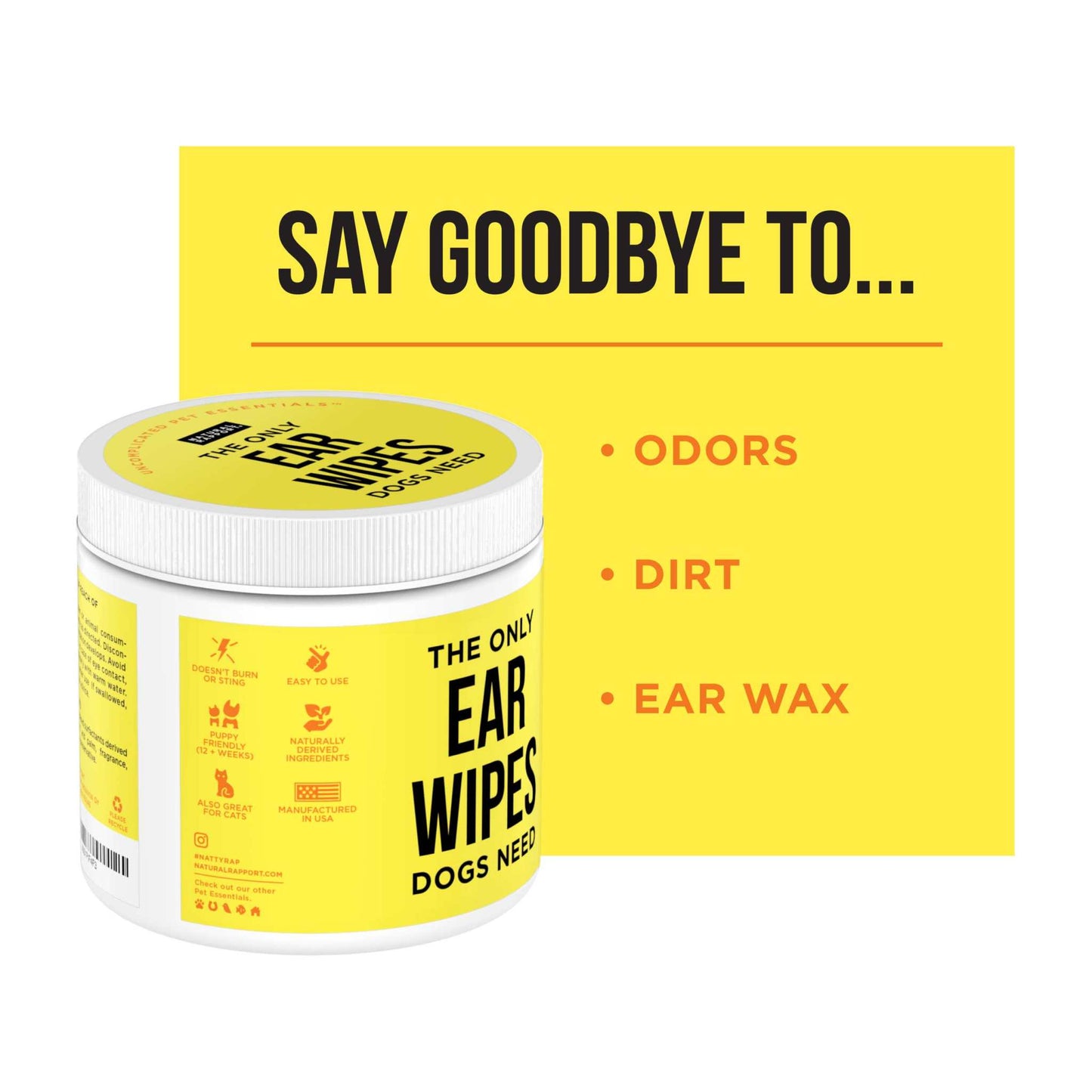 Natural Rapport dog ear wipes for cleaning and preventing odors, dirt, and ear wax buildup in dogs