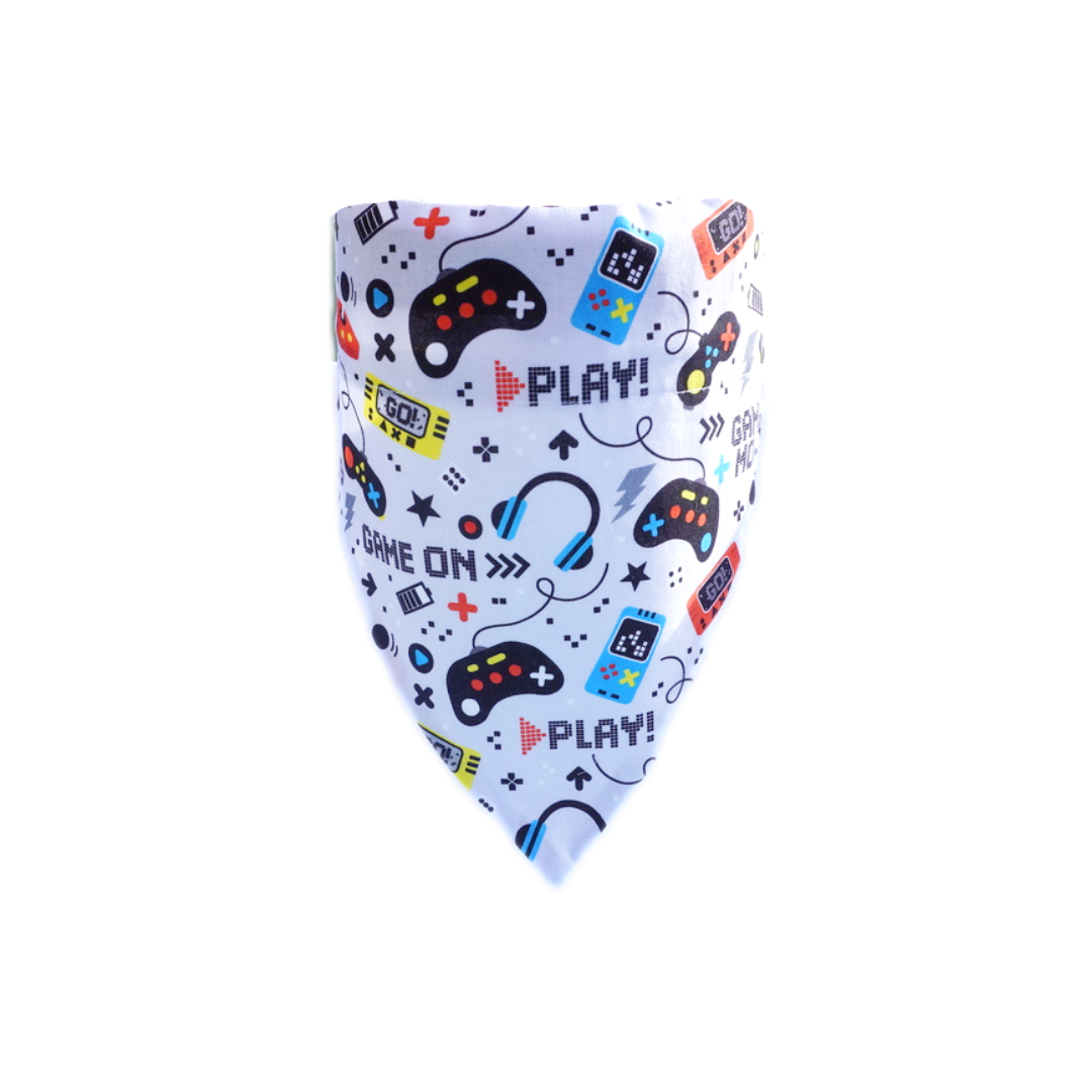 Gamer dog bandana with colorful gaming controller and headset print on breathable 100% cotton fabric
