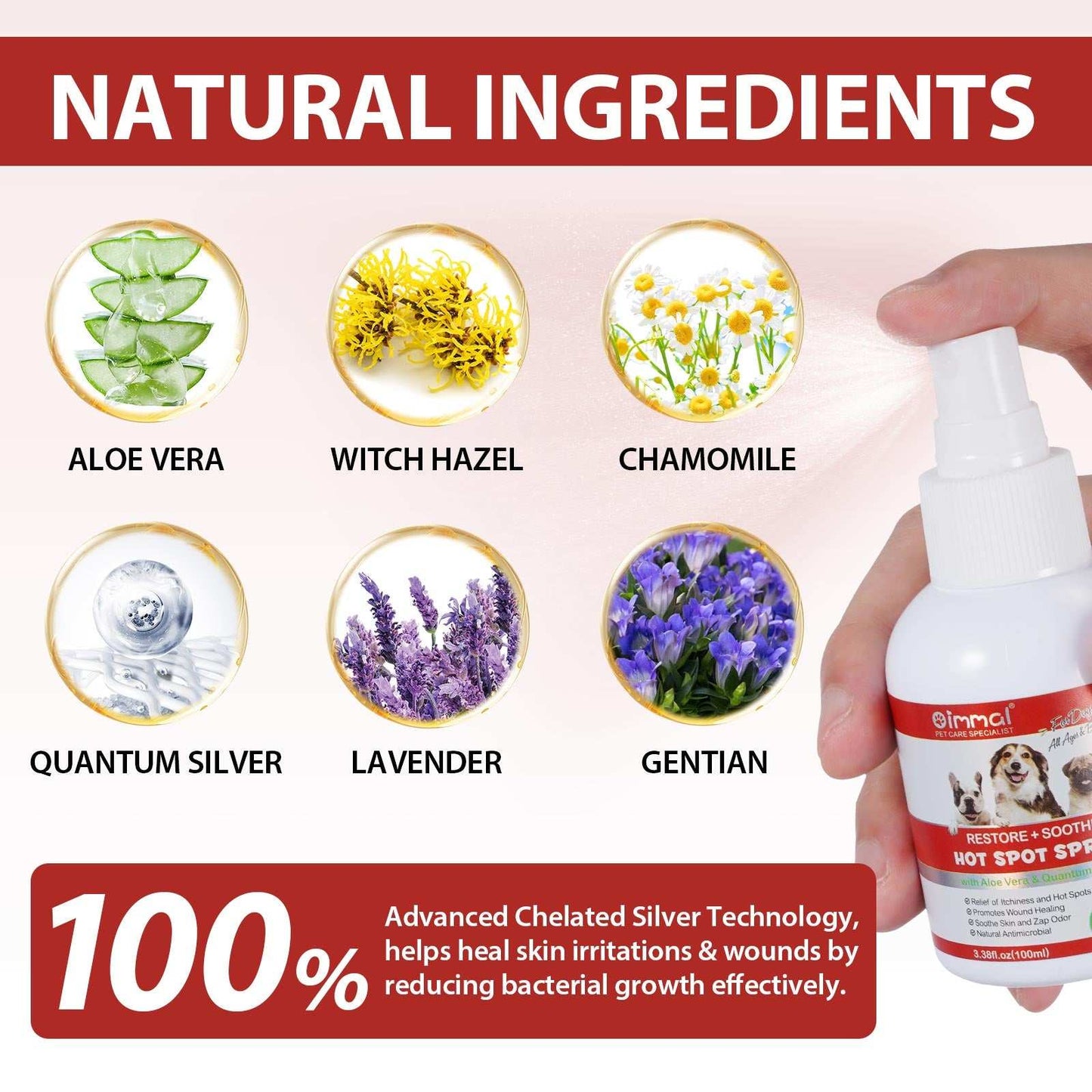 Oimmal Hot Spot Relief Spray for Dogs with natural ingredients like Aloe Vera and Quantum Silver for soothing itchy skin and hot spots.