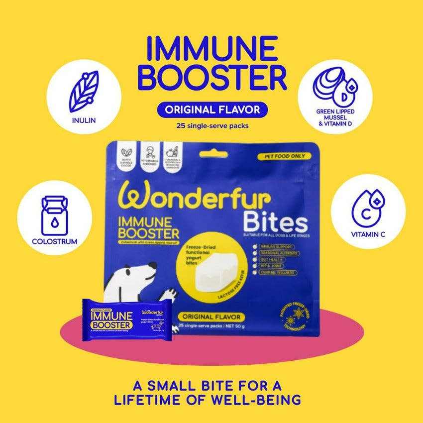 Wonderfur Bites immune booster dog treats with colostrum, inulin, vitamin C, and green-lipped mussel for gut health and allergy relief