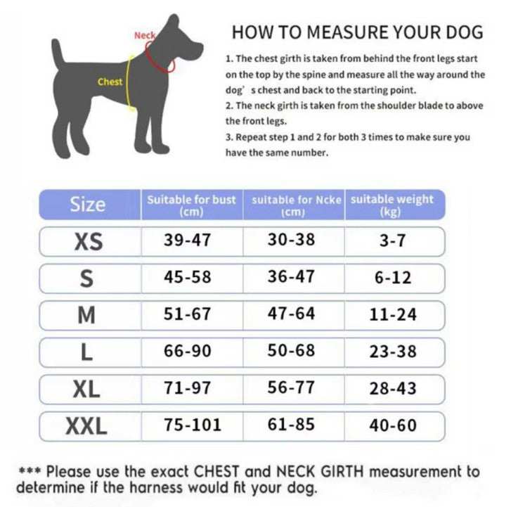 How to measure dog for personalised no-pull reflective harness vest, size chart included.