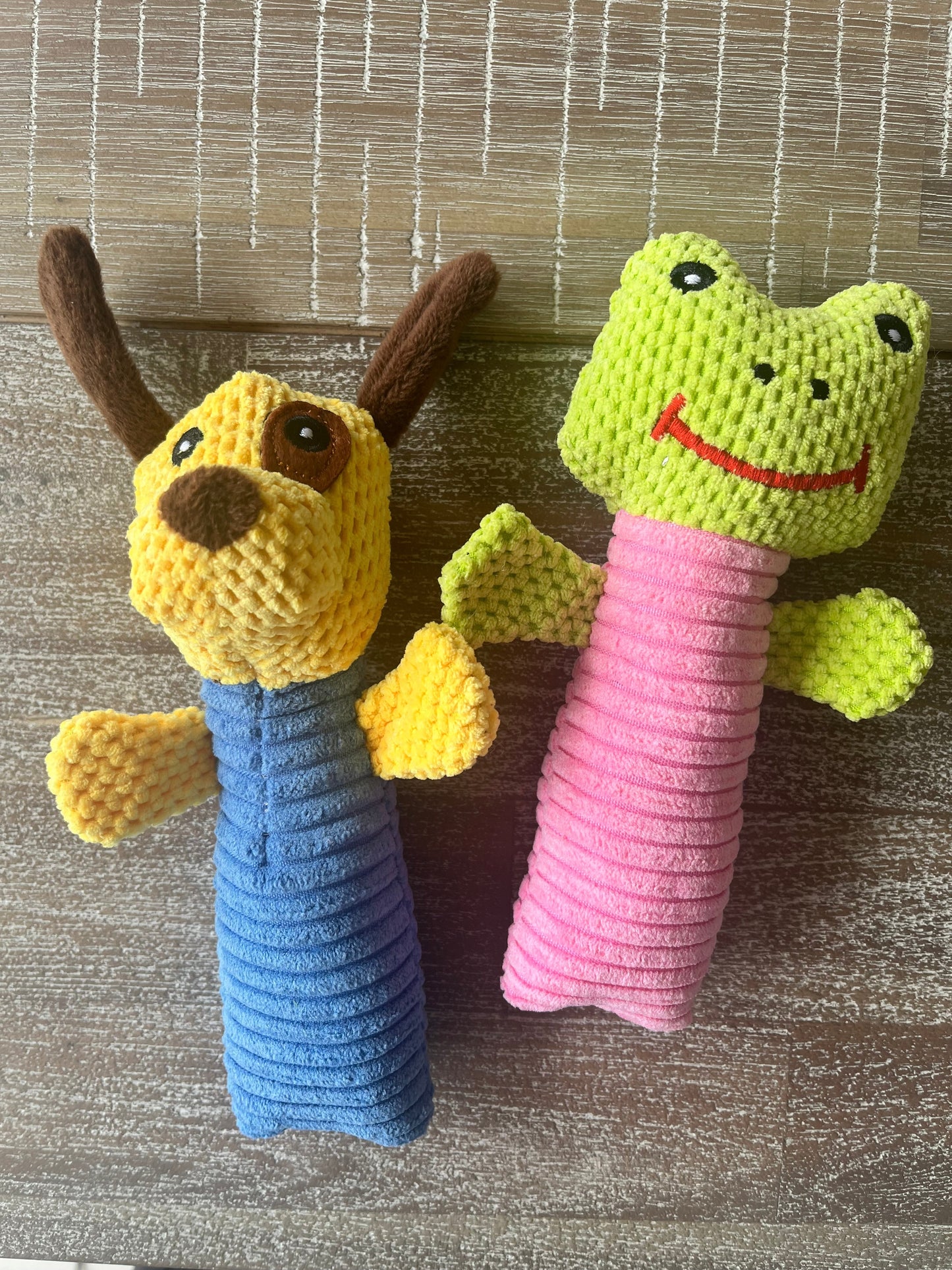 Cute squeeker toy set for small dogs with puppy and frog designs, perfect for little mouths and playtime.