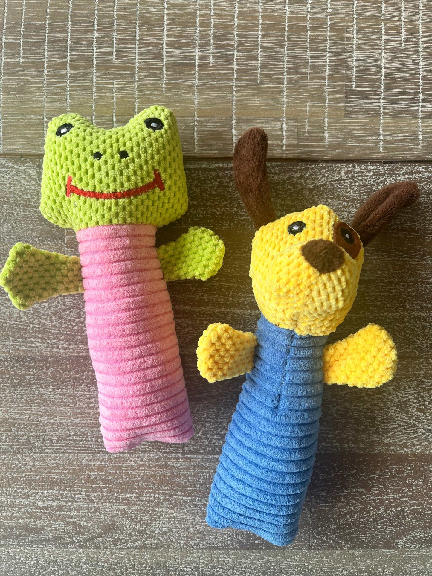 Cute squeeker toy for small dogs featuring frog and puppy designs, perfect for little mouths.