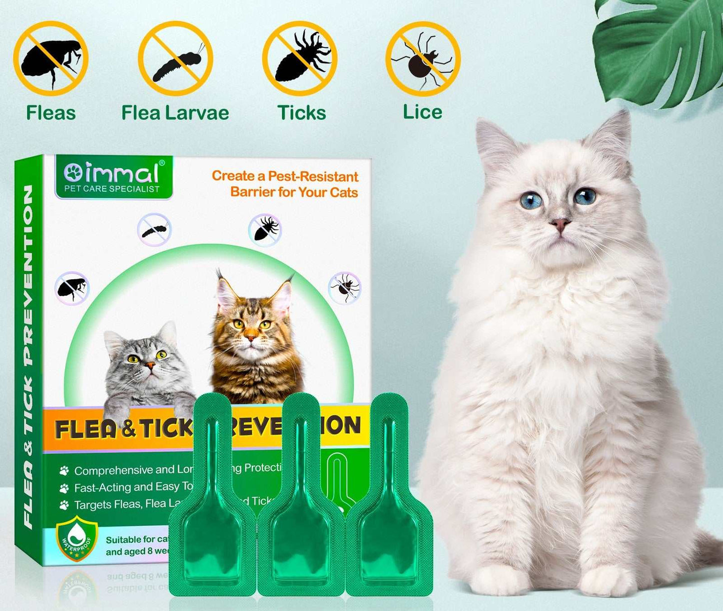 Oimmal flea and tick treatment for cats with applicators and a white fluffy cat next to the packaging