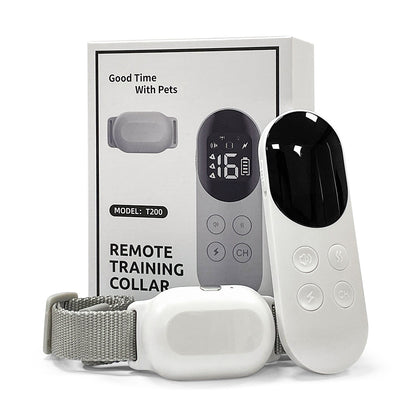 T200 Remote Training Collar with waterproof adjustable dog collar and remote control in white and gray for effective bark training