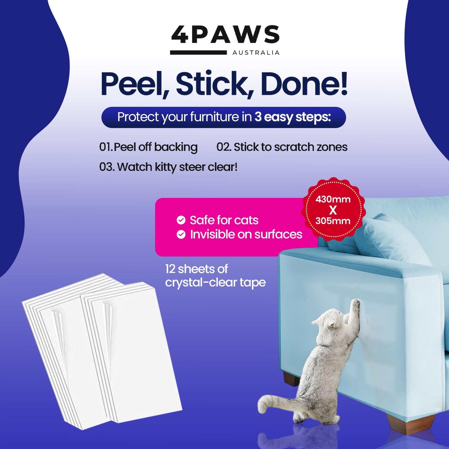 Cat V’s Couch Defender scratch deterrent tape showing application steps with cat near furniture