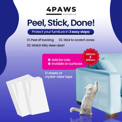 Cat V’s Couch Defender scratch deterrent tape showing application steps with cat near furniture