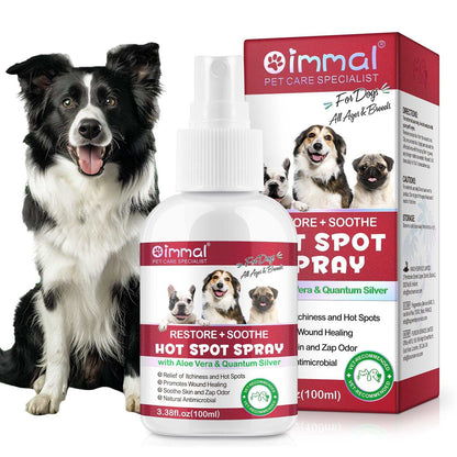 Oimmal Hot Spot Relief Spray for dogs with aloe vera and quantum silver for soothing itchy, irritated skin and hot spots.