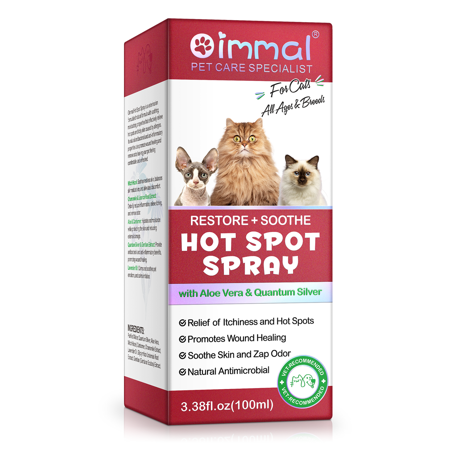 Oimmal Hot Spot Relief Spray for cats with Aloe Vera and Quantum Silver for soothing itchy skin and hot spots