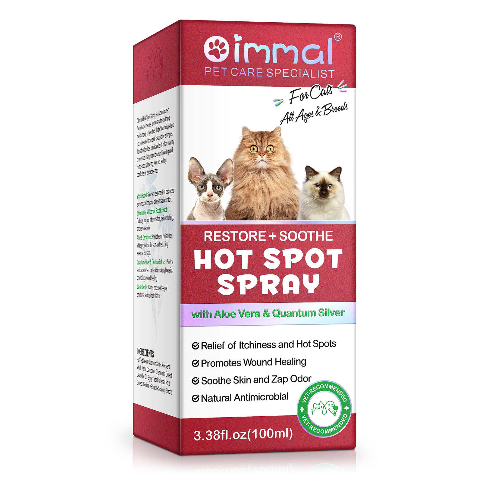 Oimmal Hot Spot Relief Spray for cats with Aloe Vera and Quantum Silver for soothing itchy skin and hot spots