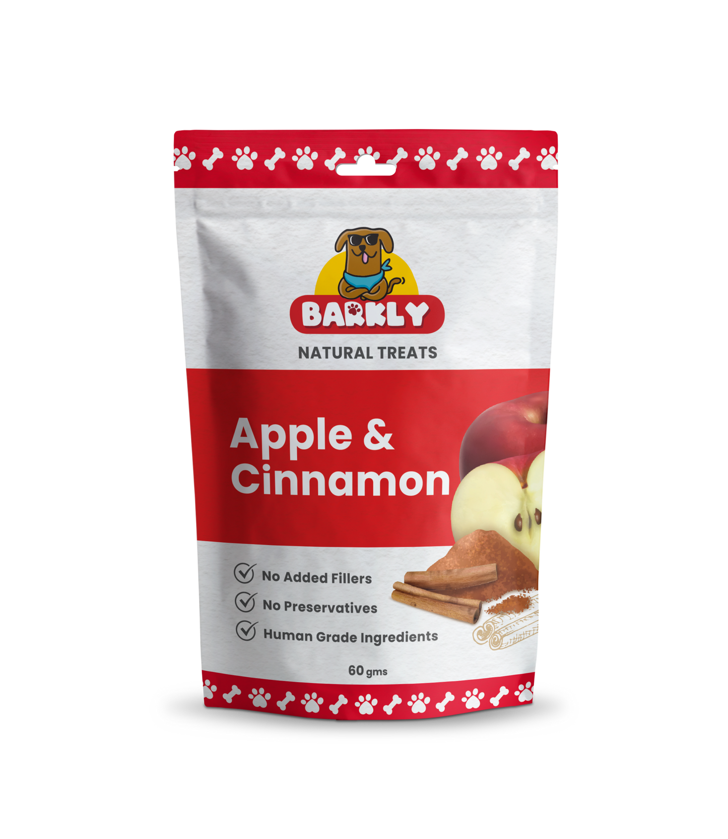 Apple & Cinnamon dog treats packaging with natural ingredients and dental health benefits.