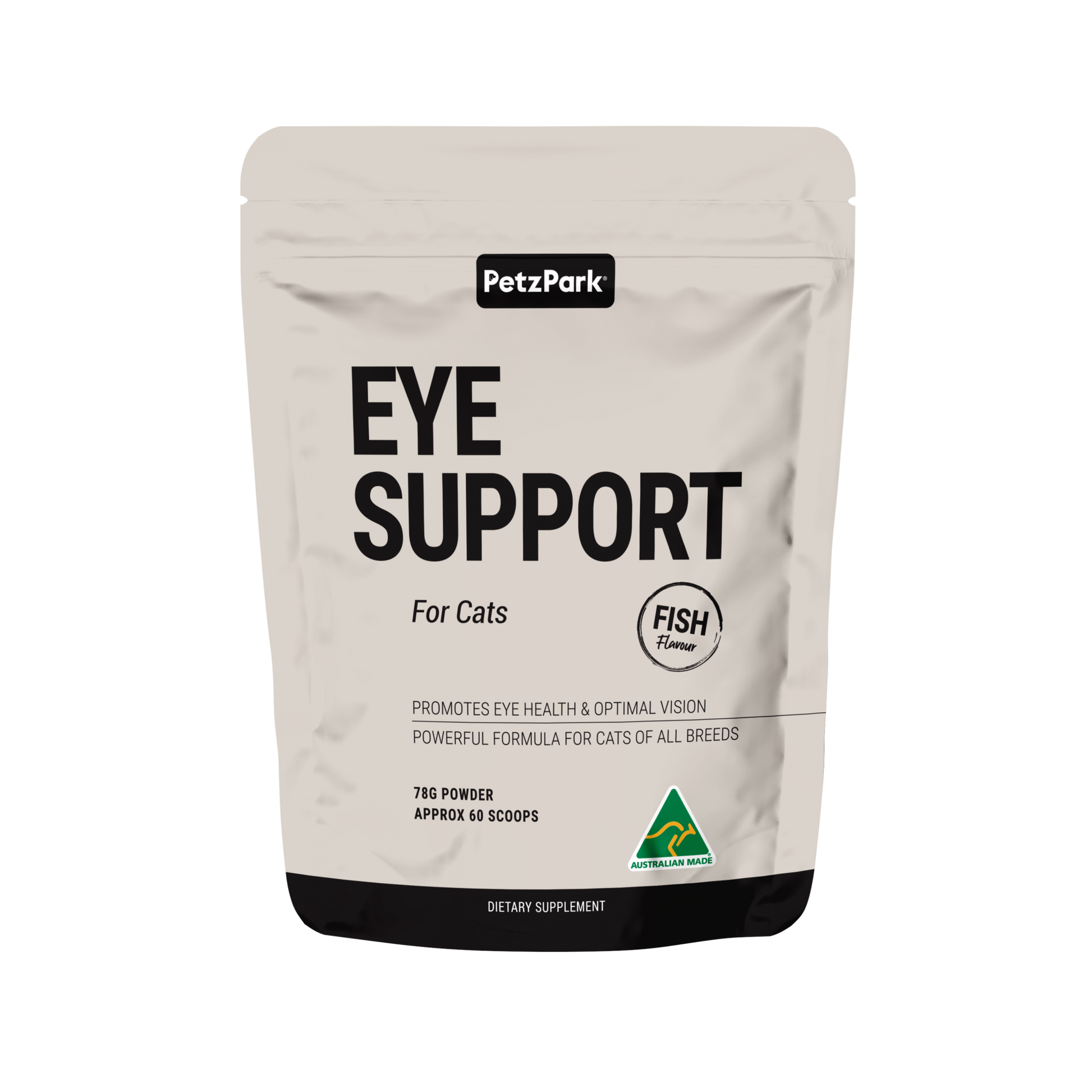 PetzPark Eye Support powder for cats, fish-flavored dietary supplement promoting eye health and vision.