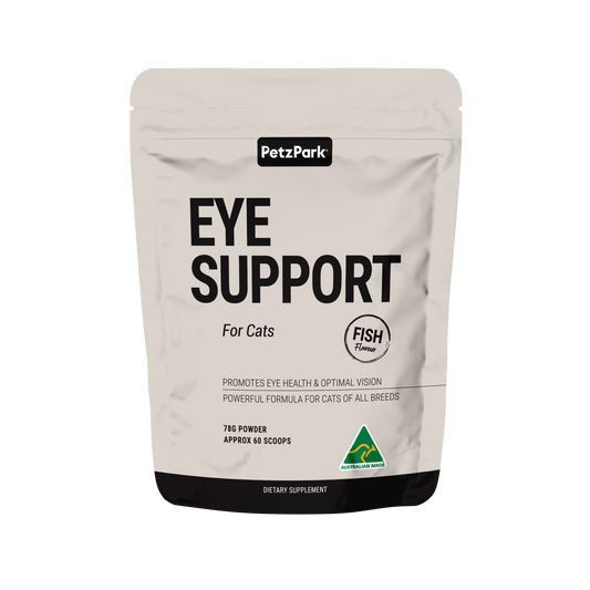 PetzPark Eye Support powder for cats, fish-flavored dietary supplement promoting eye health and vision.
