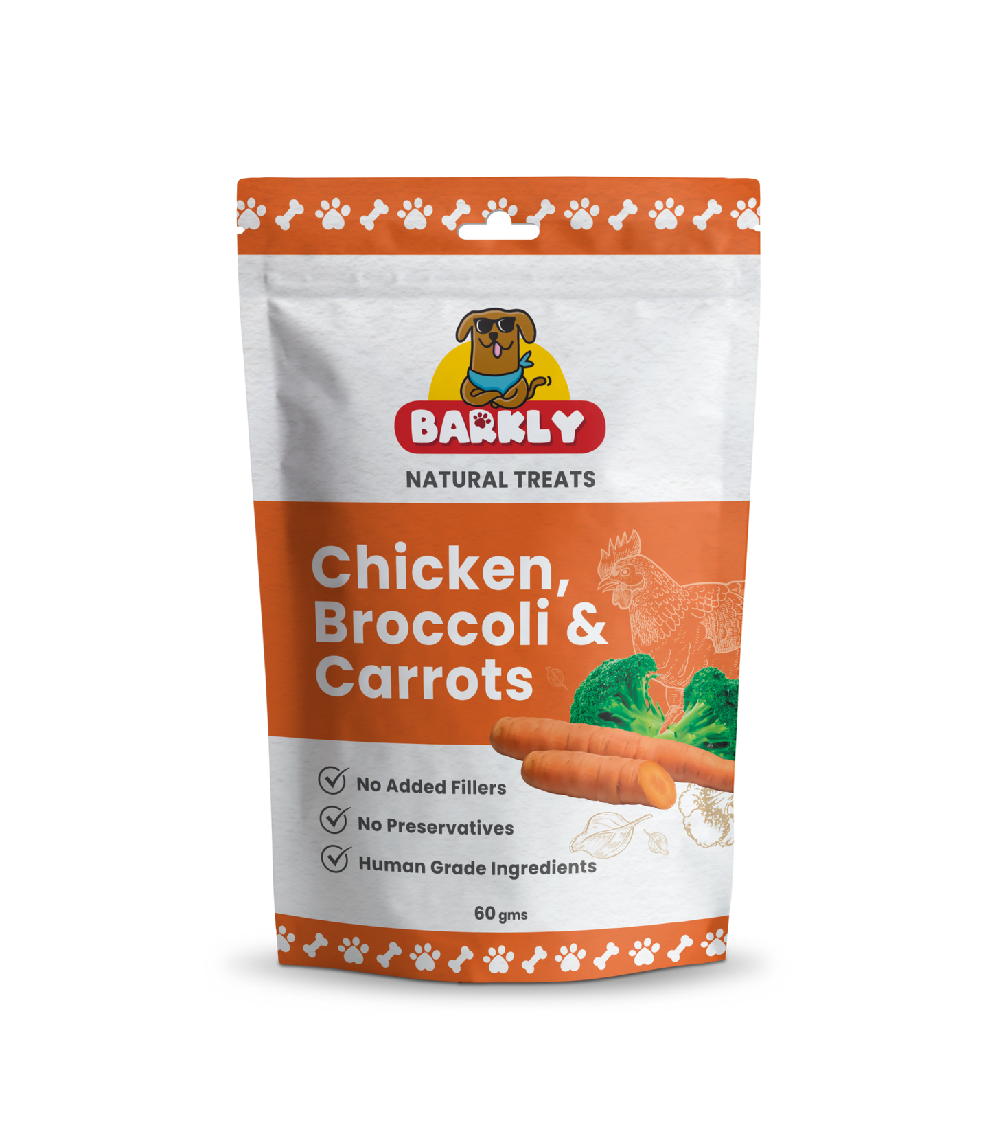 Dog treats package featuring Barkly Chicken, Broccoli & Carrots with benefits of no fillers, preservatives, or artificial additives.