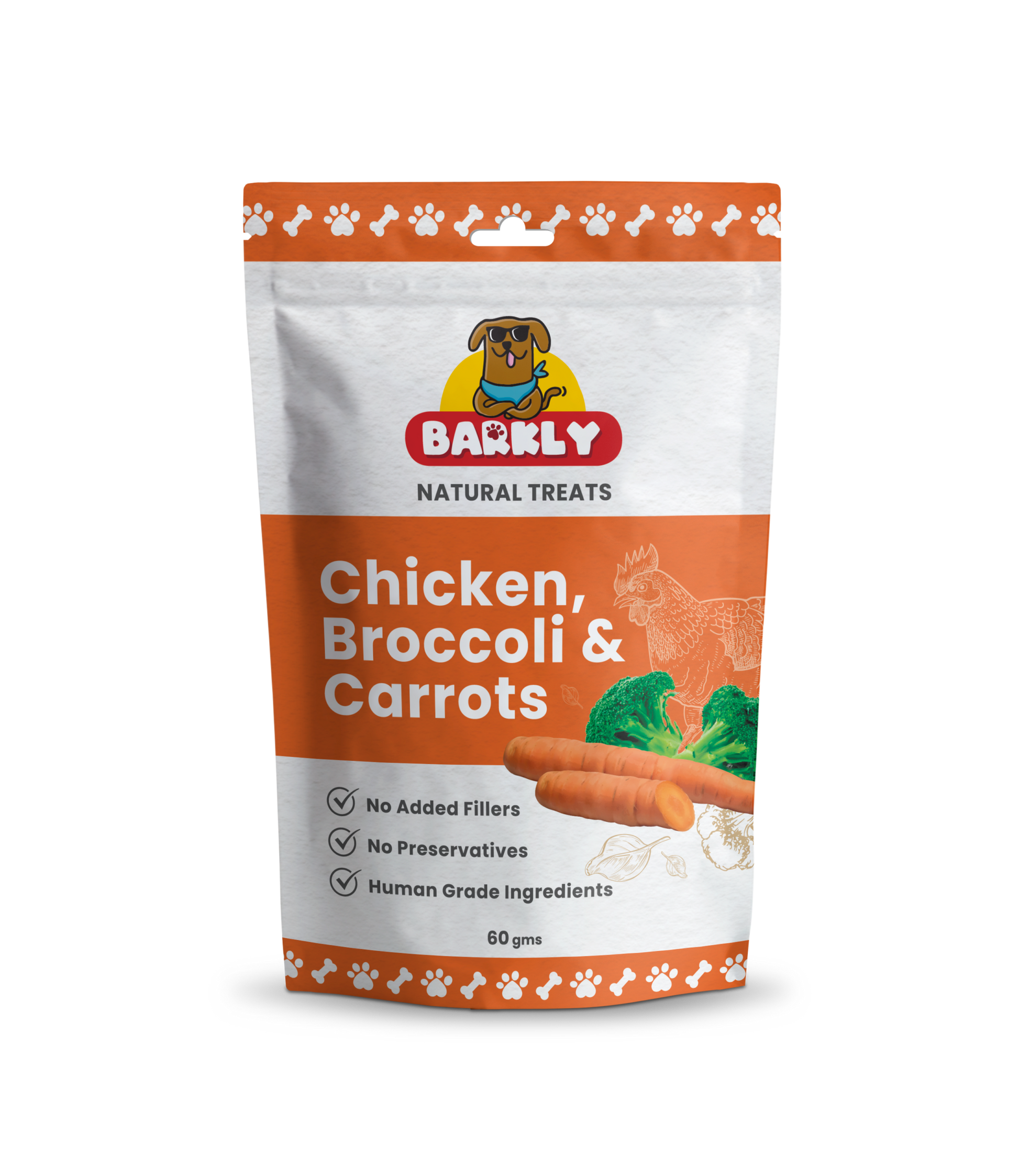 Dog treats package featuring Barkly Chicken, Broccoli & Carrots with benefits of no fillers, preservatives, or artificial additives.