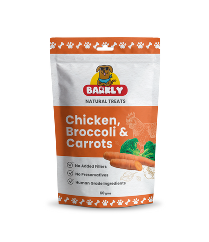 Dog treats package featuring Barkly Chicken, Broccoli & Carrots with benefits of no fillers, preservatives, or artificial additives.