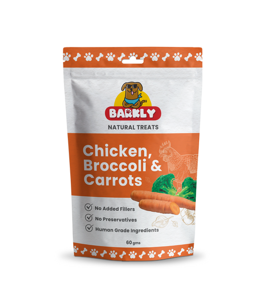 Dog treats package featuring Barkly Chicken, Broccoli & Carrots with benefits of no fillers, preservatives, or artificial additives.