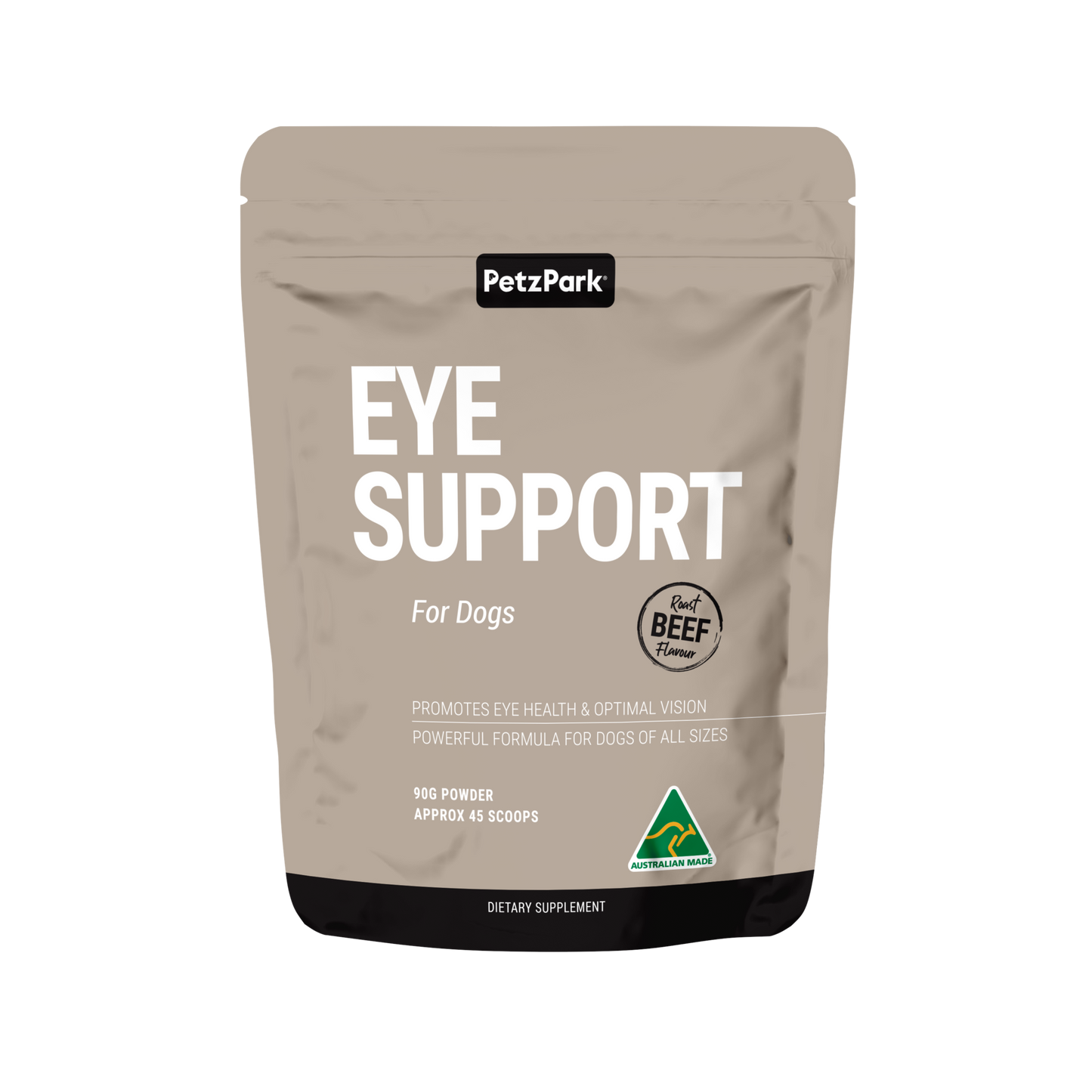 PetzPark Eye Support powder for dogs, roast beef flavor, 90g supplement for canine eye health and vision.